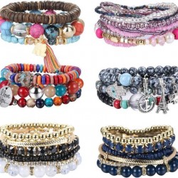 6 Sets Bohemian Stackable Bracelets For Women Multilayered Bead Bracelet Set Boho Stretch Strand Bangles Multicolor Fashion